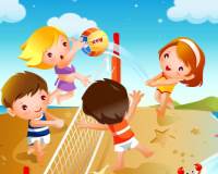 在沙滩打排球的很开心的孩子们·儿童节精选卡通插画图片