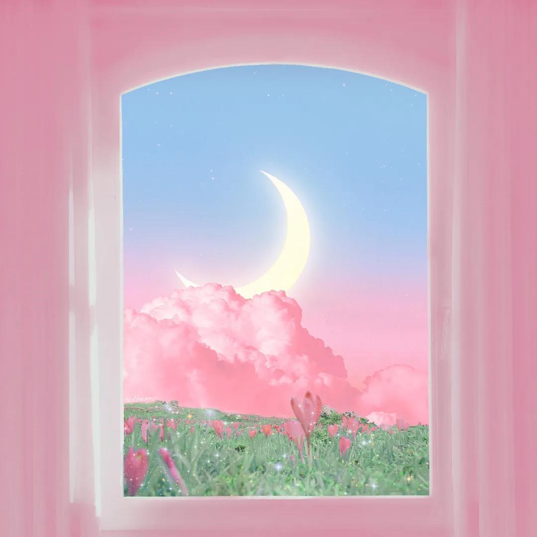 与月光为邻|窗口外弯弯的月亮和唯美的风景插画图片