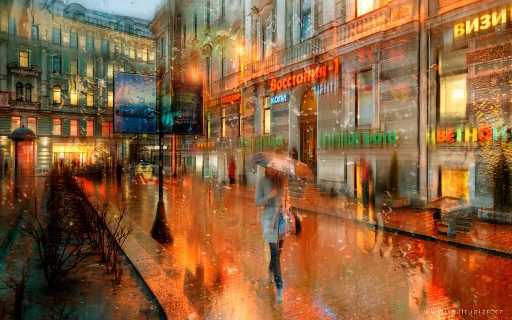 一起撑伞走过圣彼得堡的雨天图片壁纸大全