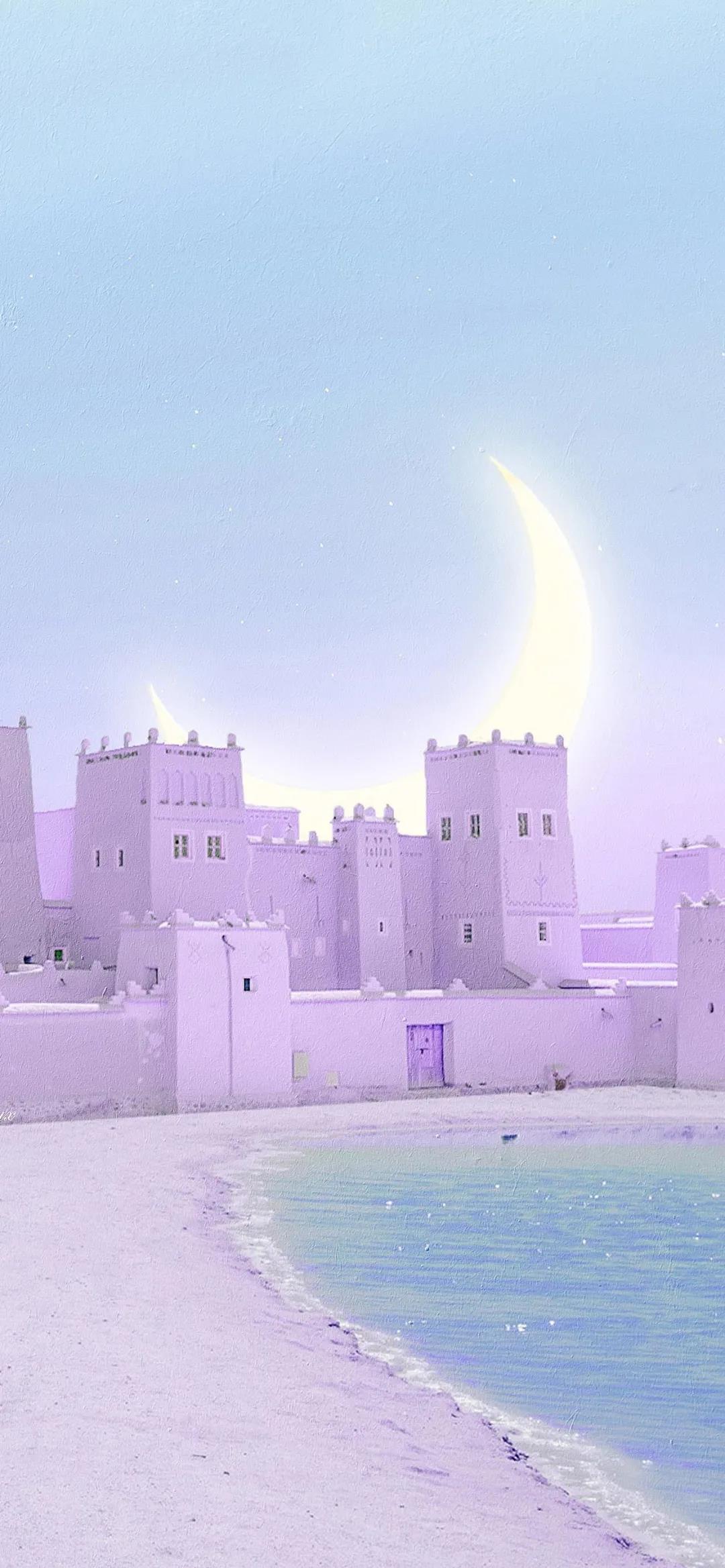 一轮弯月唯美风景高清手绘手机壁纸图片