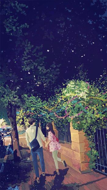唯美情侣爱情插画手机壁纸，手绘情侣壁纸一对浪漫温馨日常图片