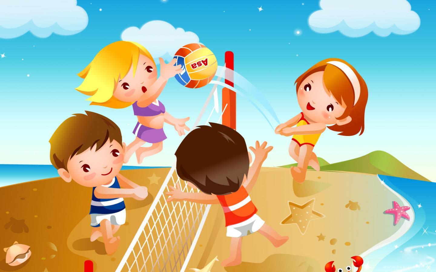 在沙滩打排球的很开心的孩子们·儿童节精选卡通插画图片