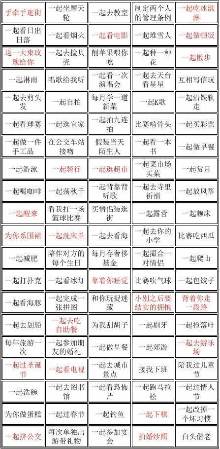 情侣一百件事表格图片 情侣100件事计划表图片